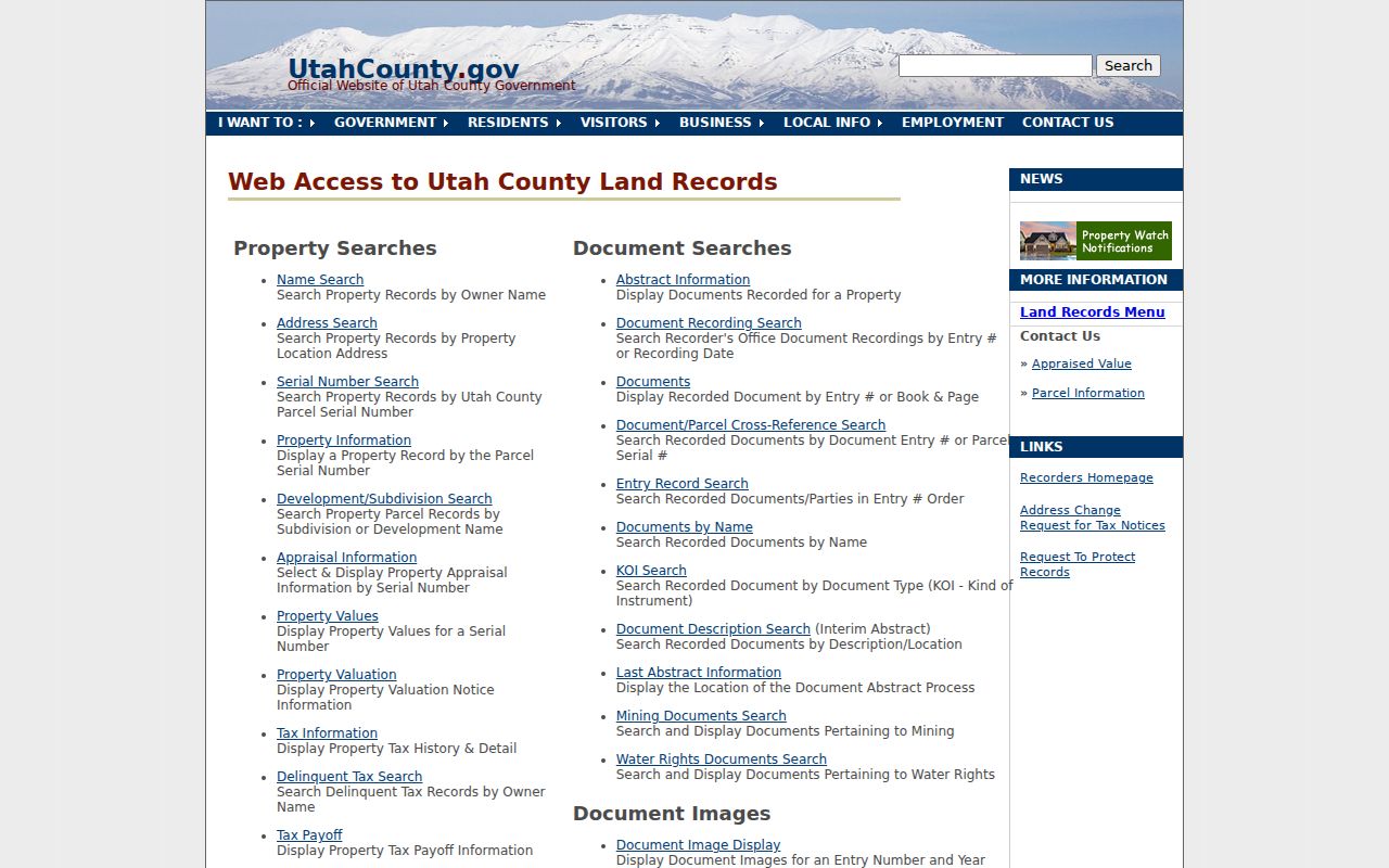 Utah County Land Records search menu for Eagle Mountain property research