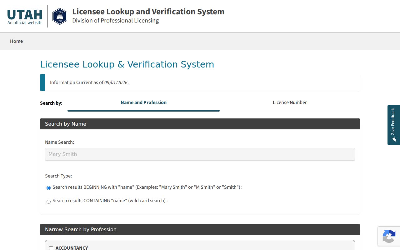 Utah DOPL professional license lookup for Eagle Mountain affiliation research
