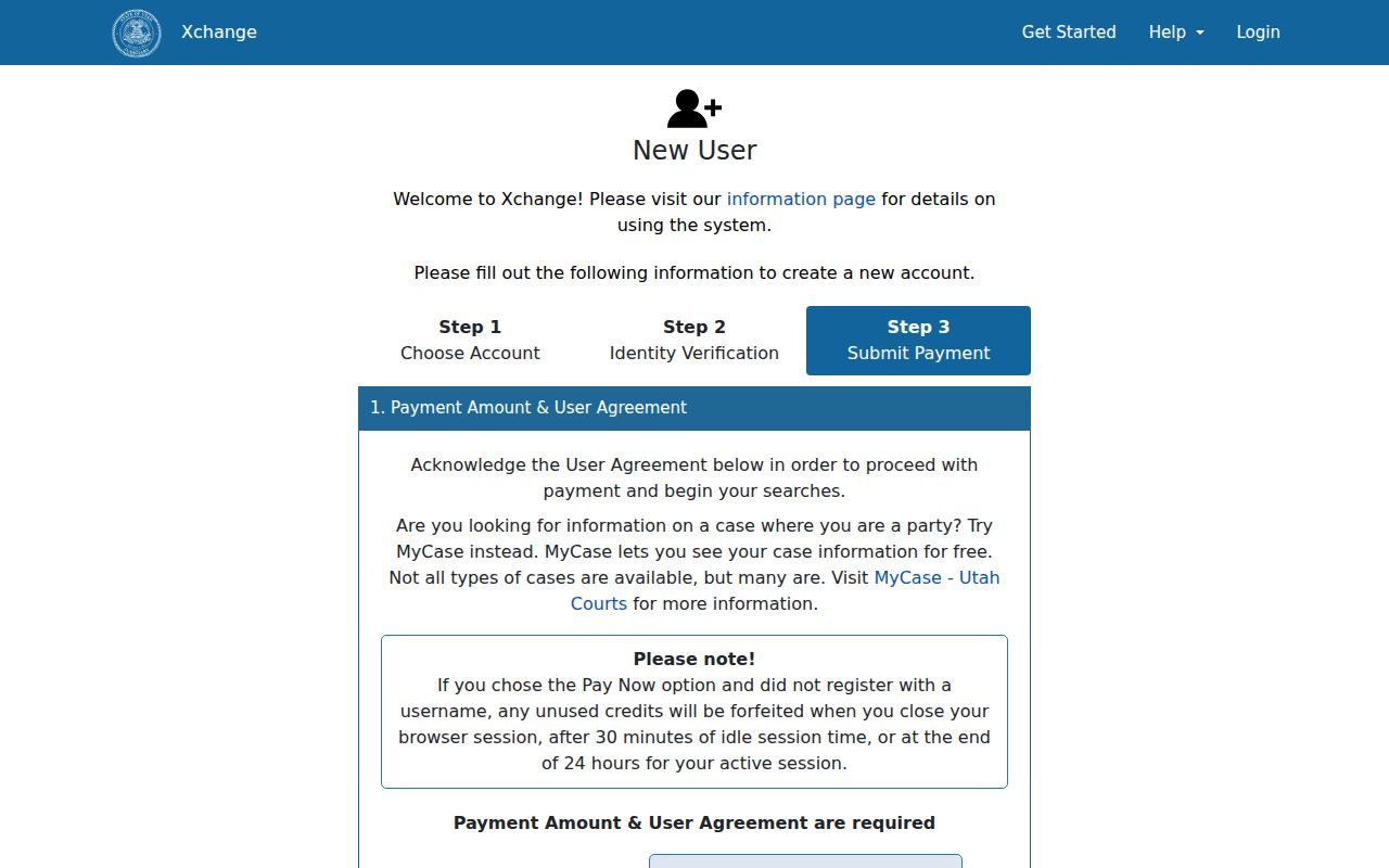 Utah Courts Xchange guest registration and fee choices